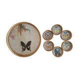 Set tray and 6 under glass bamboo vintage butterflies
