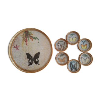 Ensemble plateau et 6 sous verre bambou papillons vintage