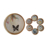 Set tray and 6 under glass bamboo vintage butterflies