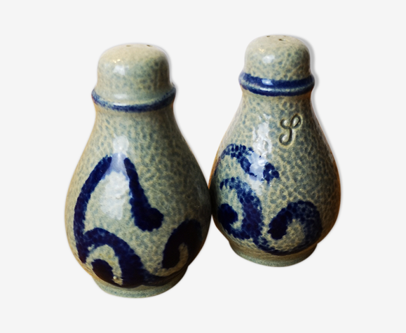 Salière poivrière grès vintage gris bleu