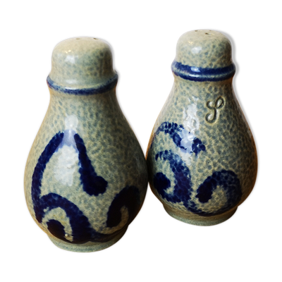 Salière poivrière grès vintage gris bleu
