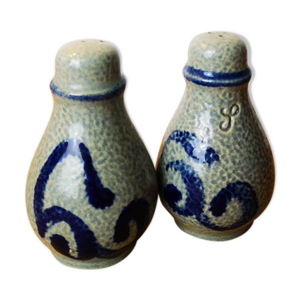 Salière poivrière grès vintage gris bleu