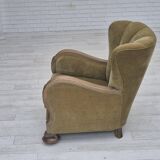 1960s, Danish relax armchair, green furniture velour fabric, oak wood.