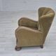 1960s, Danish relax armchair, green furniture velour fabric, oak wood.