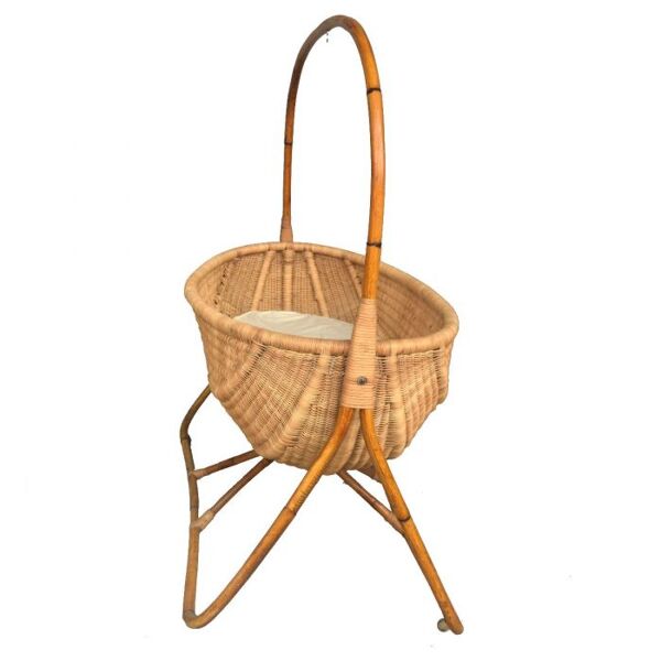 Berceau ancien en bois exotique style bambou et paillage