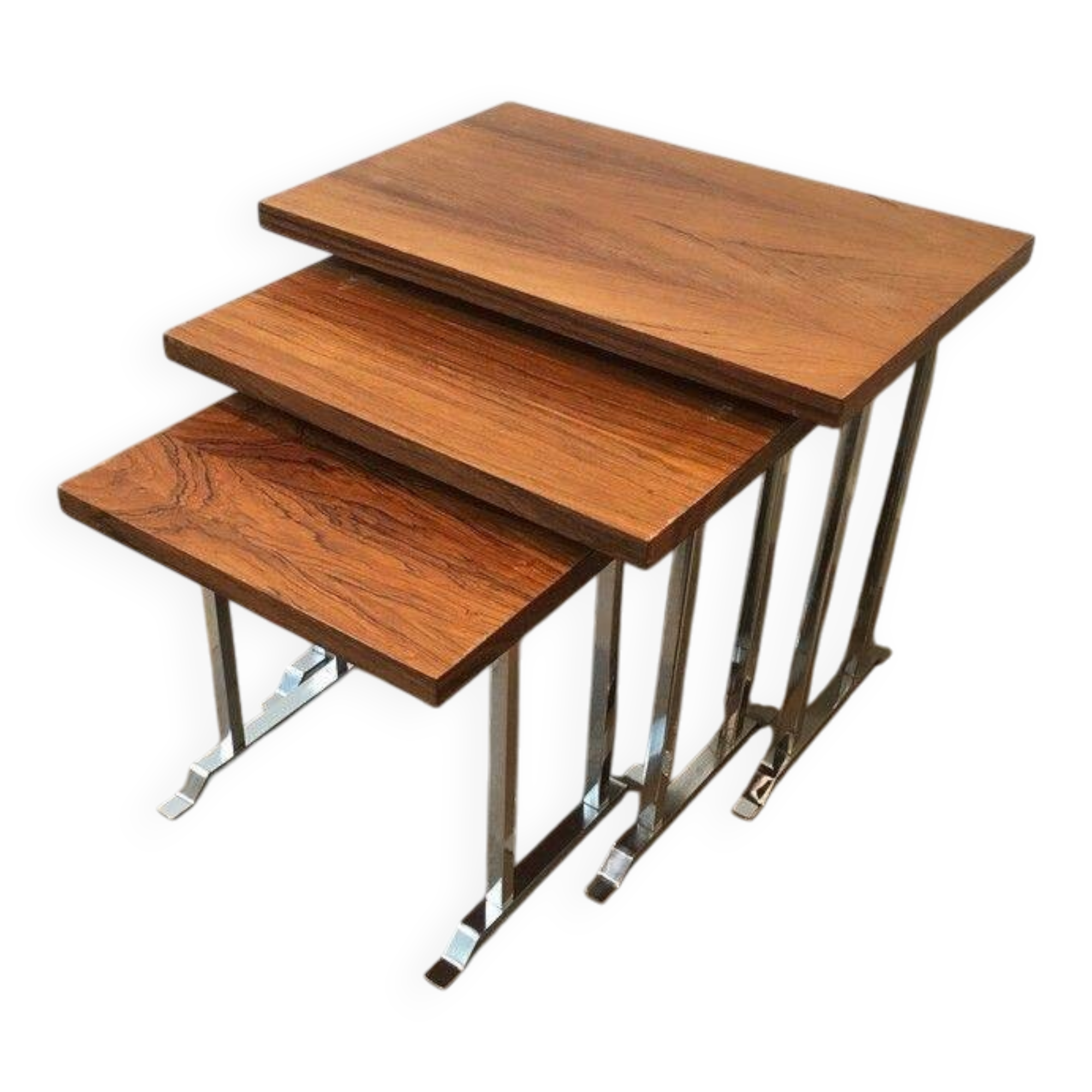 Set of 3 nesting tables in exotic wood and chrome