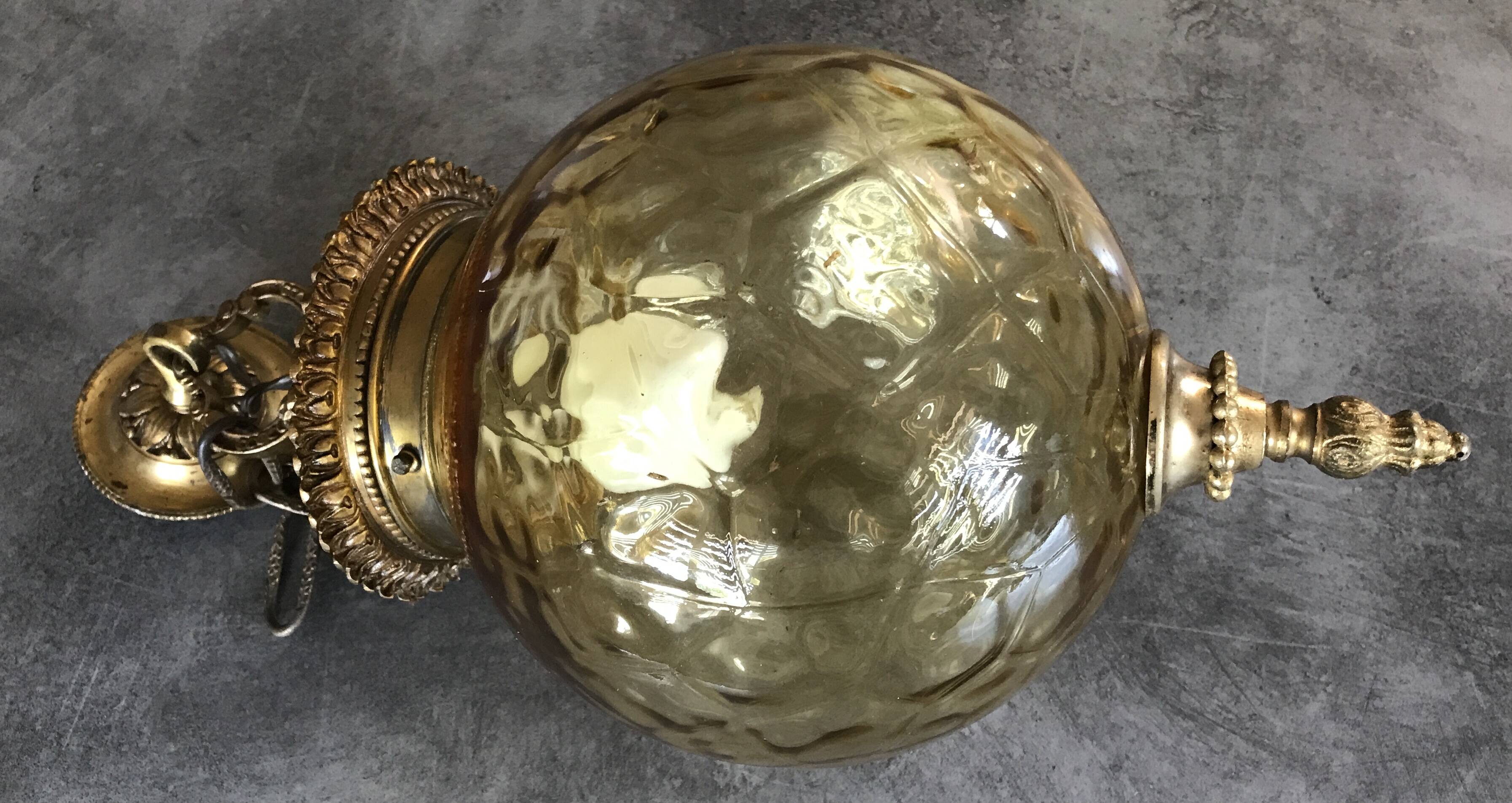 Chandelier vintage ceiling lantern in textured yellow glass and golden brass