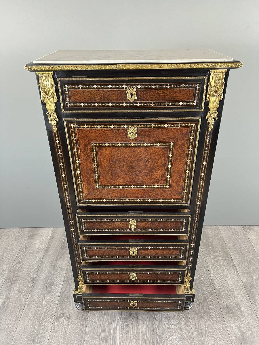 Secretary from the time of Napoleon III in marquetry and gilded bronzes, 19th century.