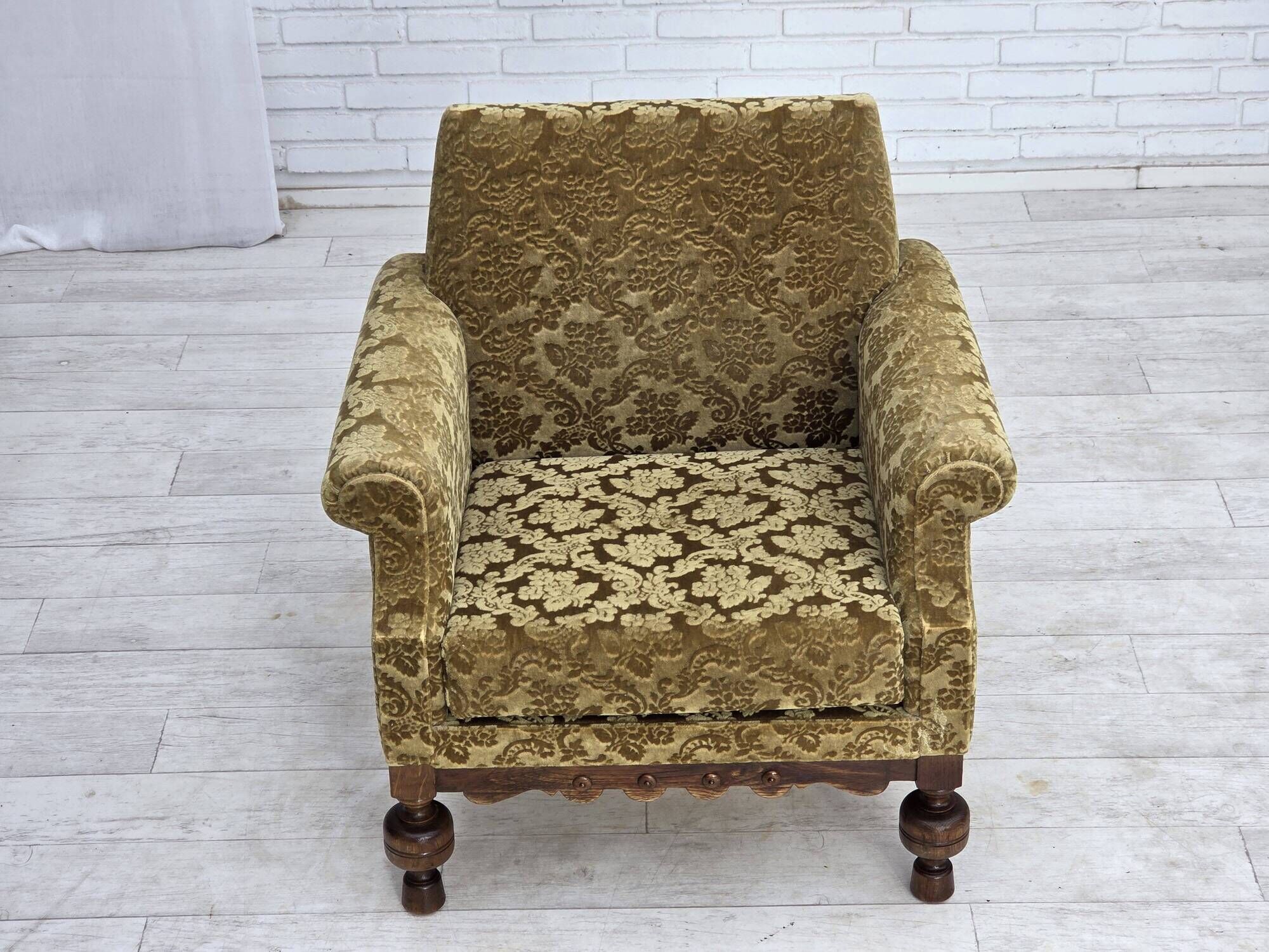 1960s, Danish armchair, furniture velour, carved oak wood.