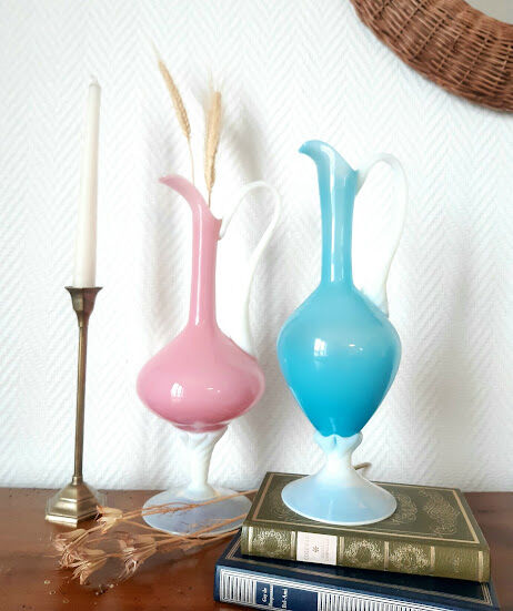 Pair of ewers in pink and blue opaline