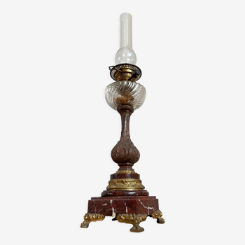 Lampe à huile ancienne française, marbre rouge griotte du 19ème siècle et socle en bronze patiné