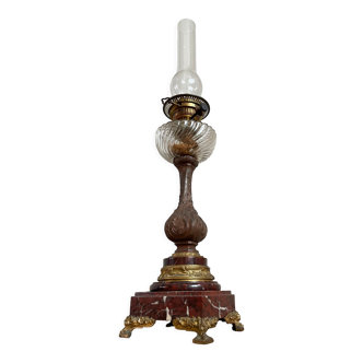 Lampe à huile ancienne française, marbre rouge griotte du 19ème siècle et socle en bronze patiné