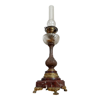 Antique french oil lamp, 19th century rouge griotte marble and patinated bronze base