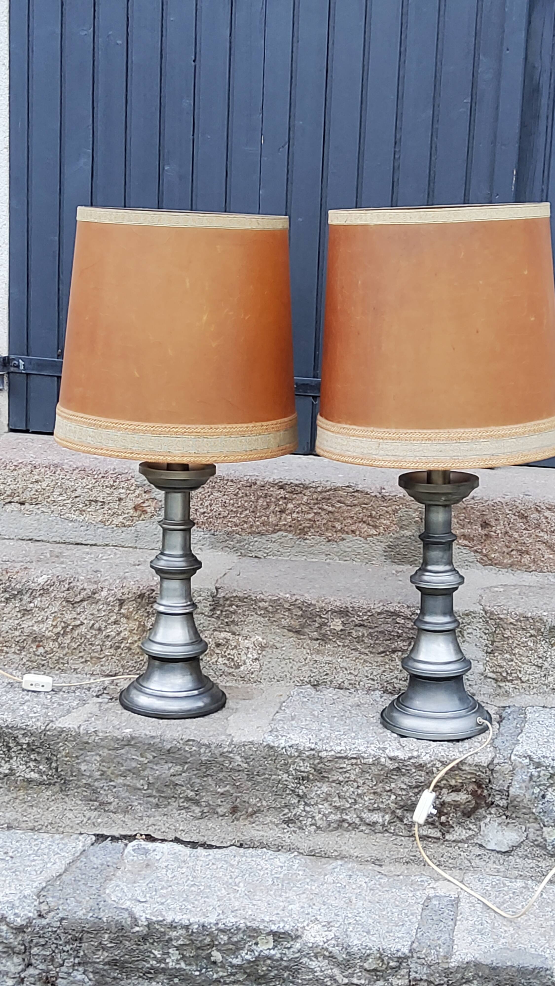 Pair of 70s Kaiser Leuchten lamps in brushed metal with original shades
