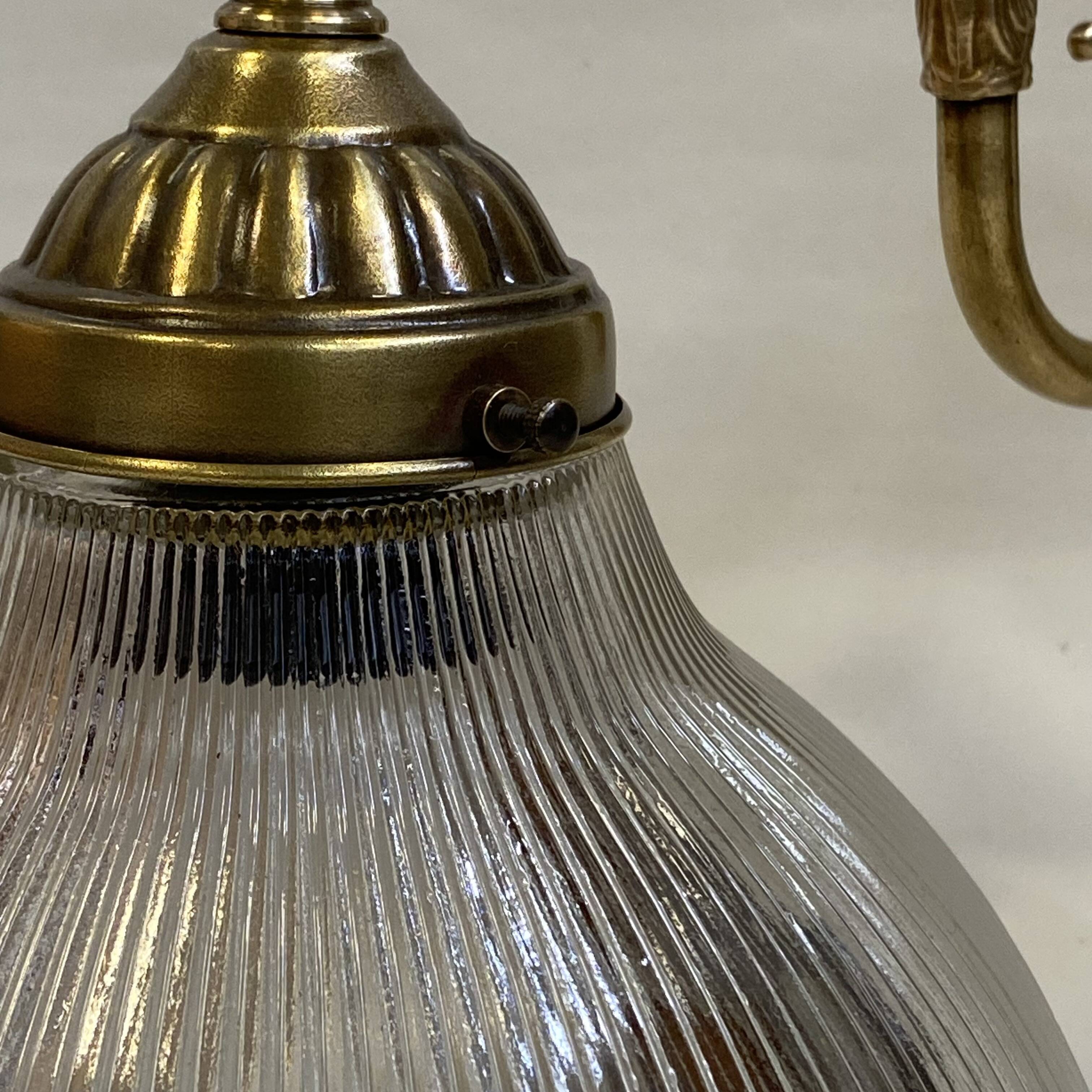 Swan neck wall light, brass, glass, holophane type, porcelain fixing