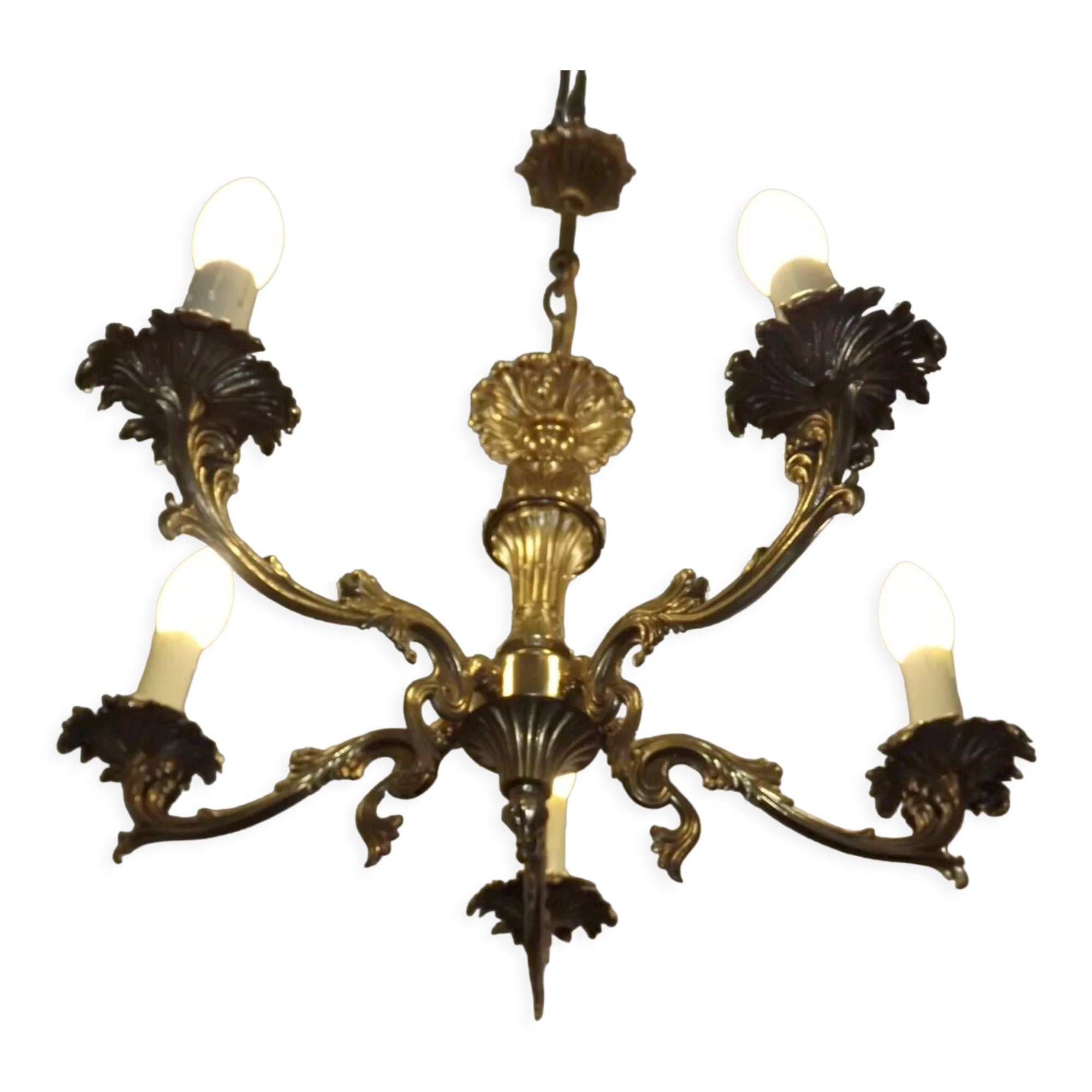 Vintage french bronze 5 light chandelier with leaf detail 3936