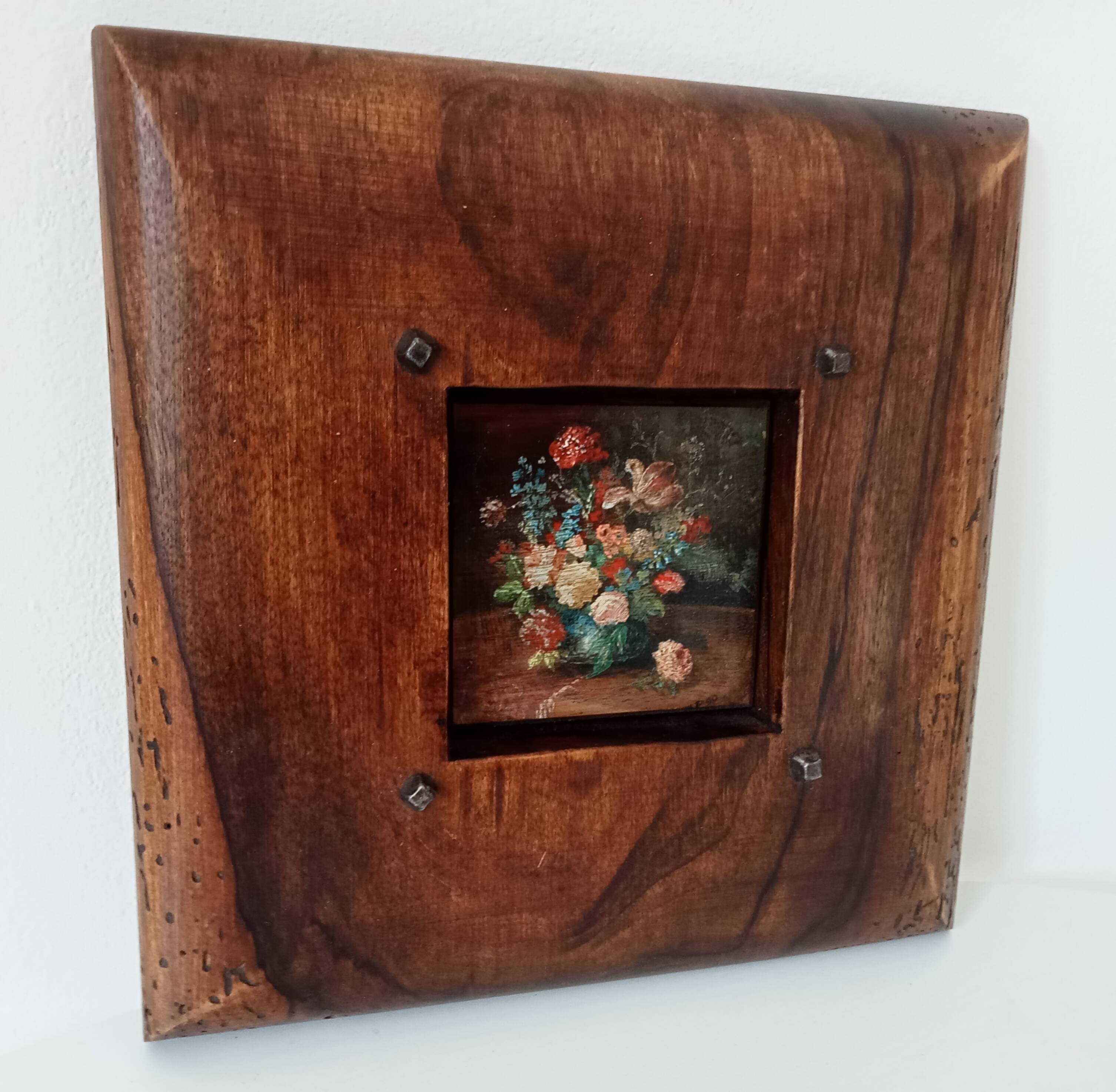 Tableau miniature vintage nature morte huile sur planche