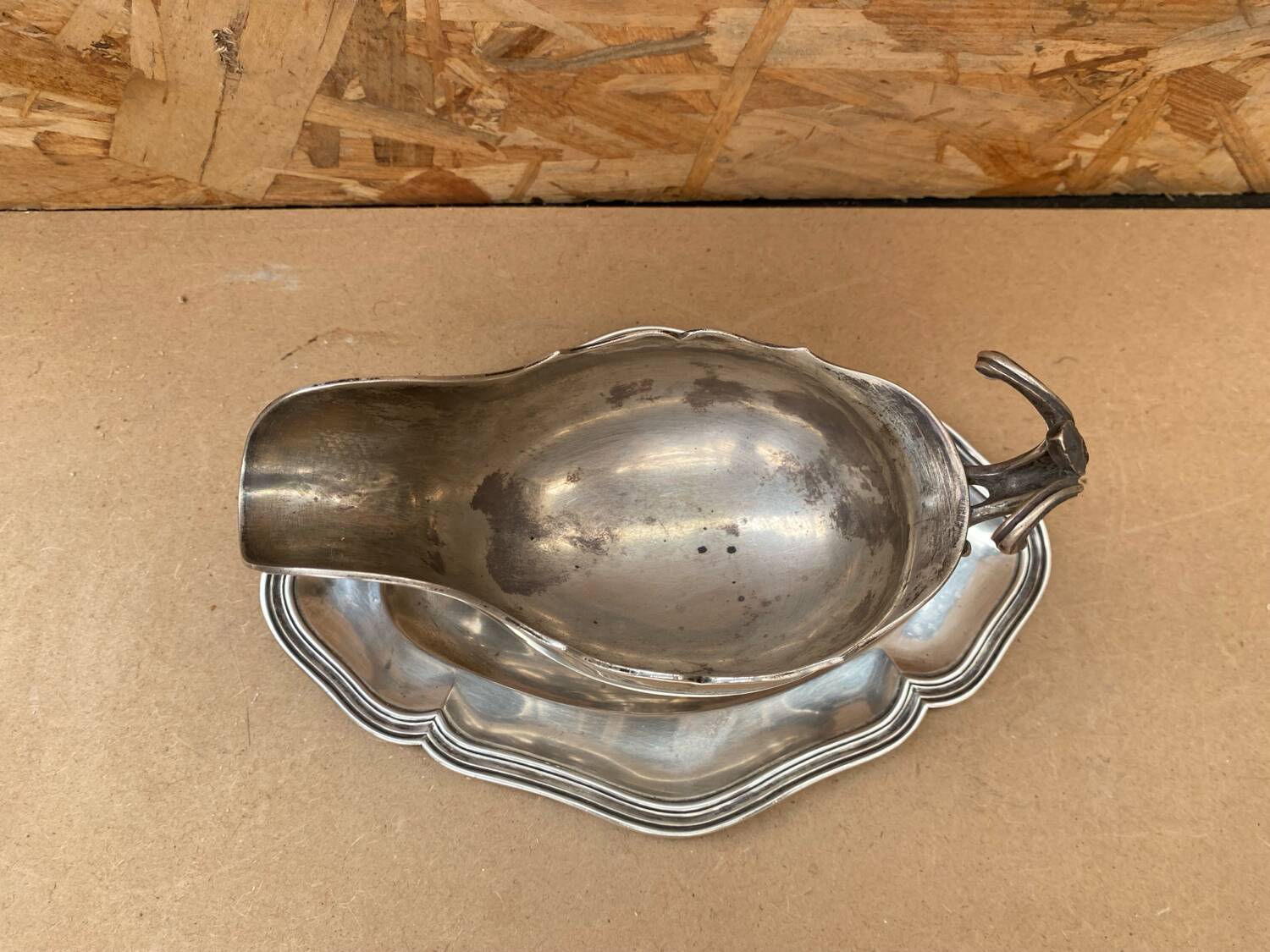 Antique silver metal gravy boat vintage kitchen utensil