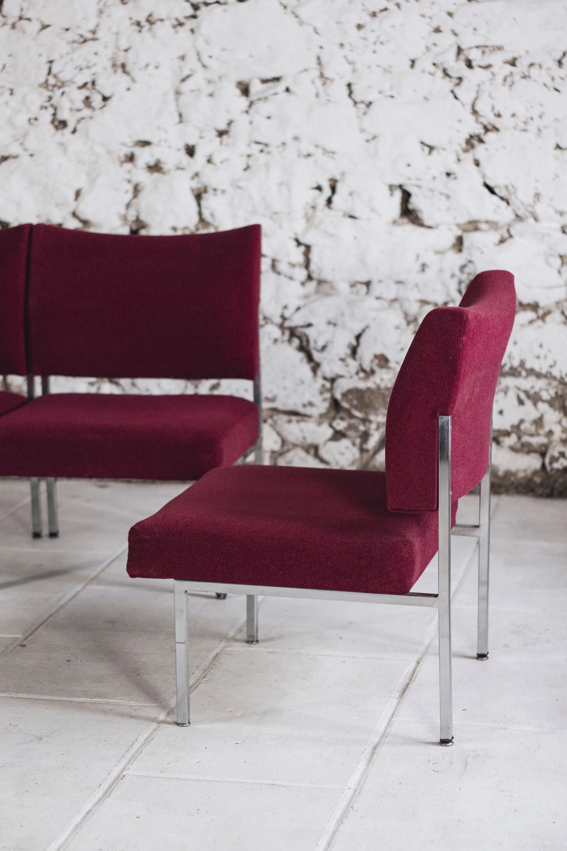 Set of 4 modernist burgundy armchairs, 1970.