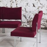 Set of 4 modernist burgundy armchairs, 1970.