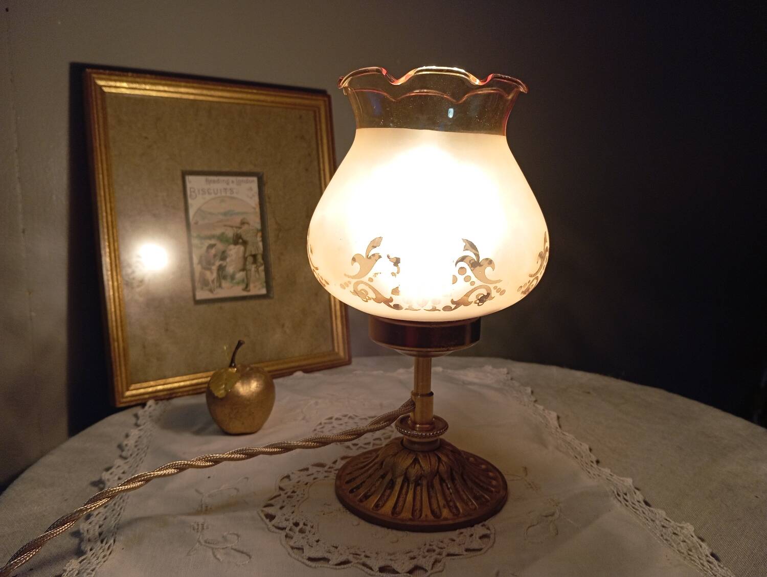 Bronze foot table lamp, satin amber lampshade, circa 1960
