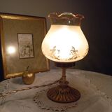 Bronze foot table lamp, satin amber lampshade, circa 1960