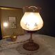 Bronze foot table lamp, satin amber lampshade, circa 1960