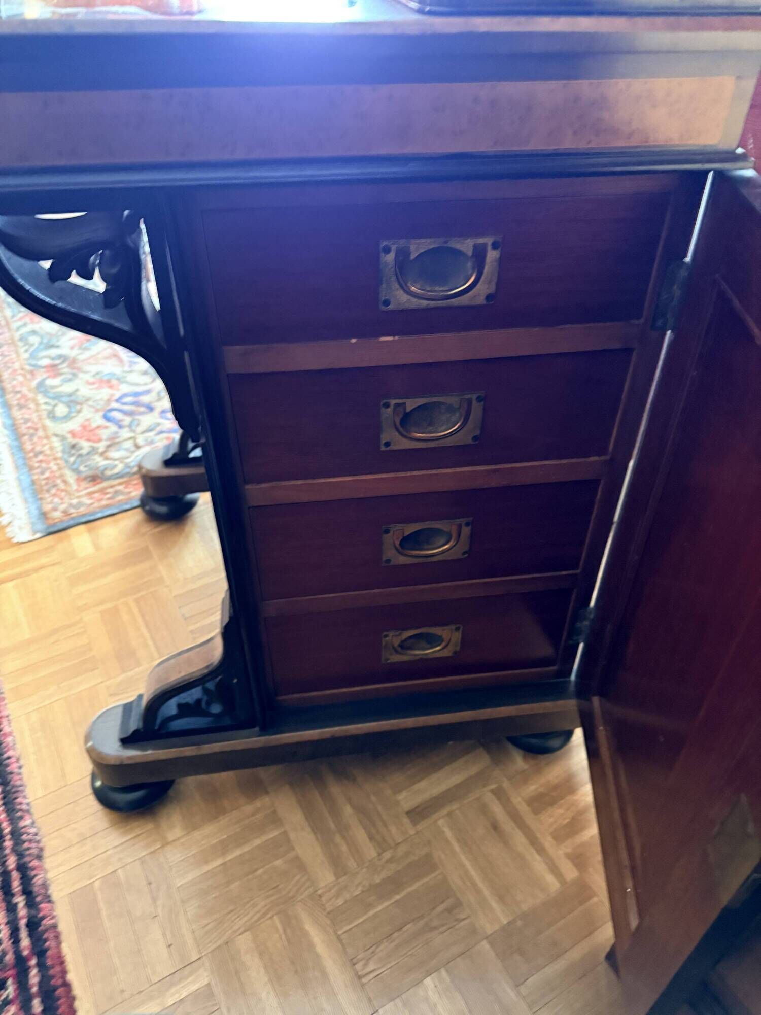 Victorian-era blackened wood and burr walnut Davenport.