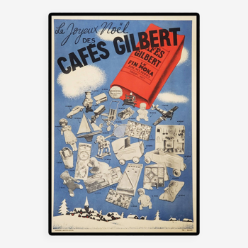 Affiche originale Cafés Gilbert Le Fin Moka - Le Joyeux Noël (vers 1930)