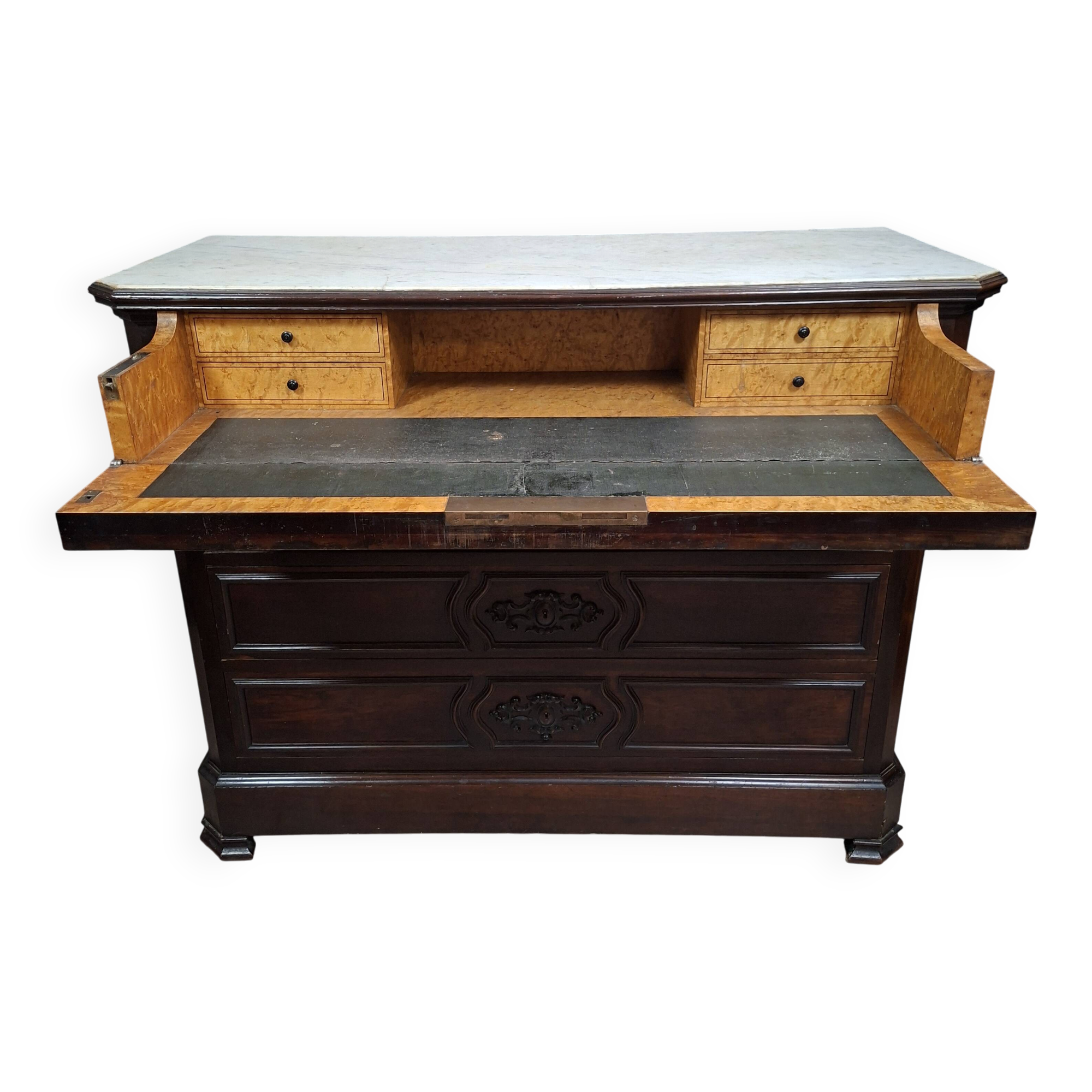 Napoleon III period secretary chest of drawers in mahogany and light wood.