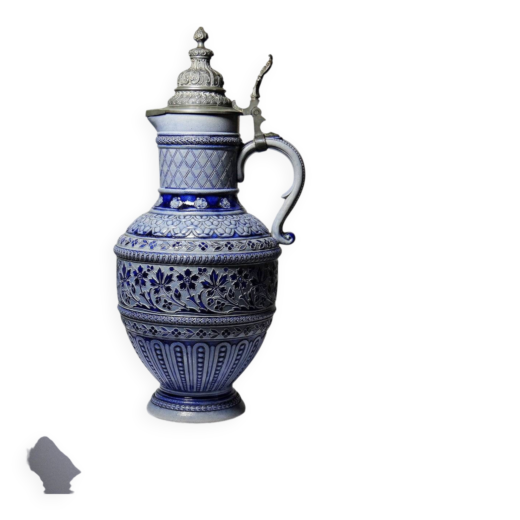 Large salt-glazed stoneware beer jug with tin, Germany, Westerwald type.