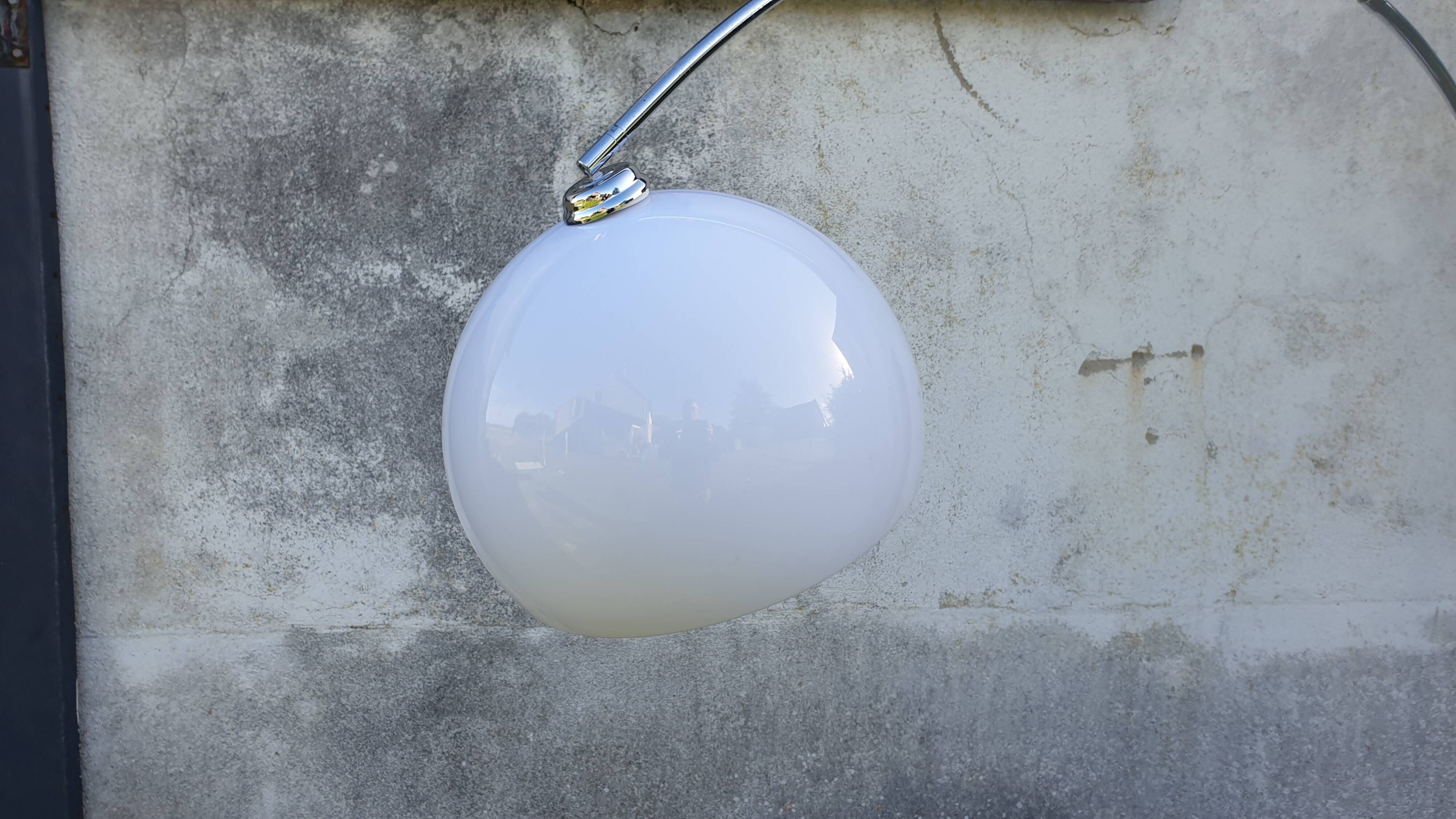 Chrome arc floor lamp with white globe, Space Age style from the 70s, BVH edition.