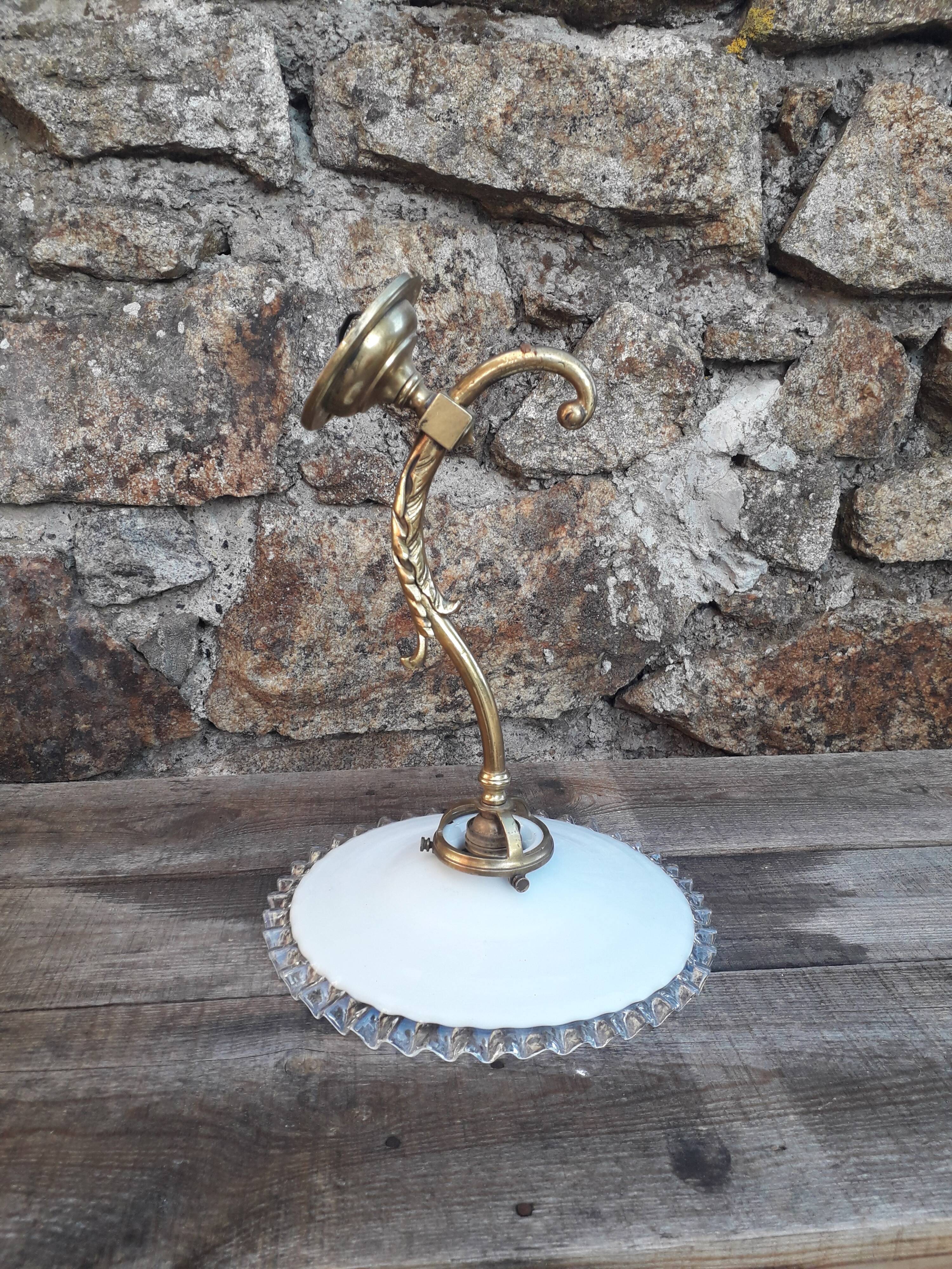 Wall lamp gooseneck bronze and serrated opaline.