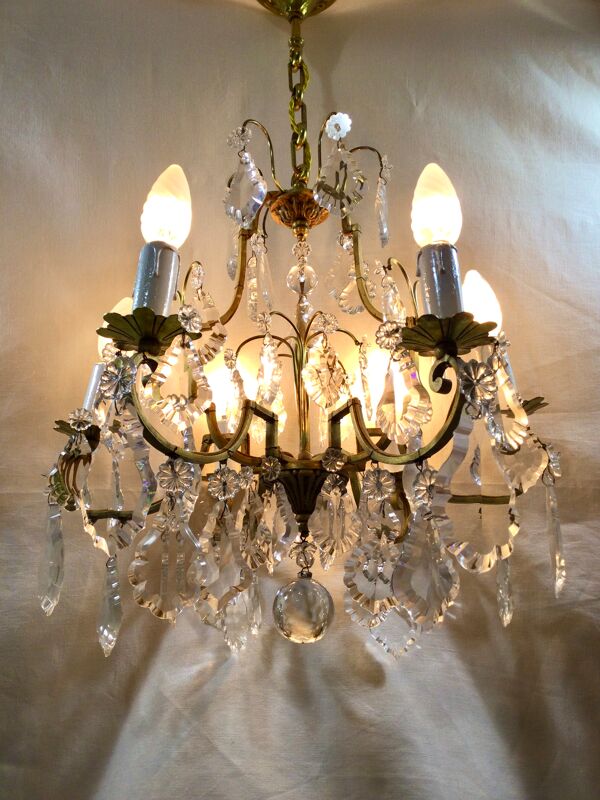 Lustre cage 6 lumières en bronze et cristal