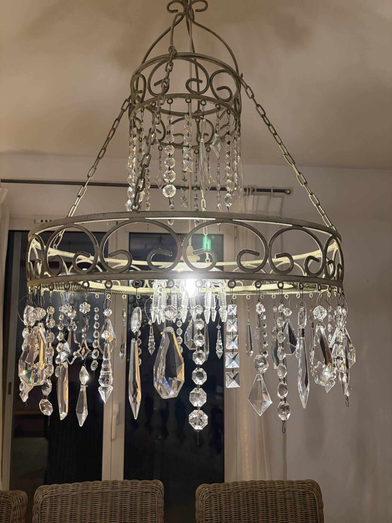 Patinated iron chandelier with pendants, romantic / shabby chic style.