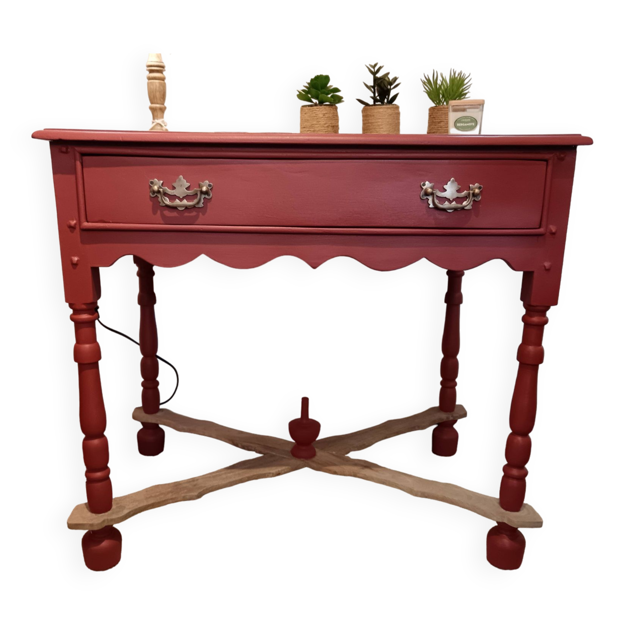 Table d'appoint ou console en bois terracotta avec tiroir