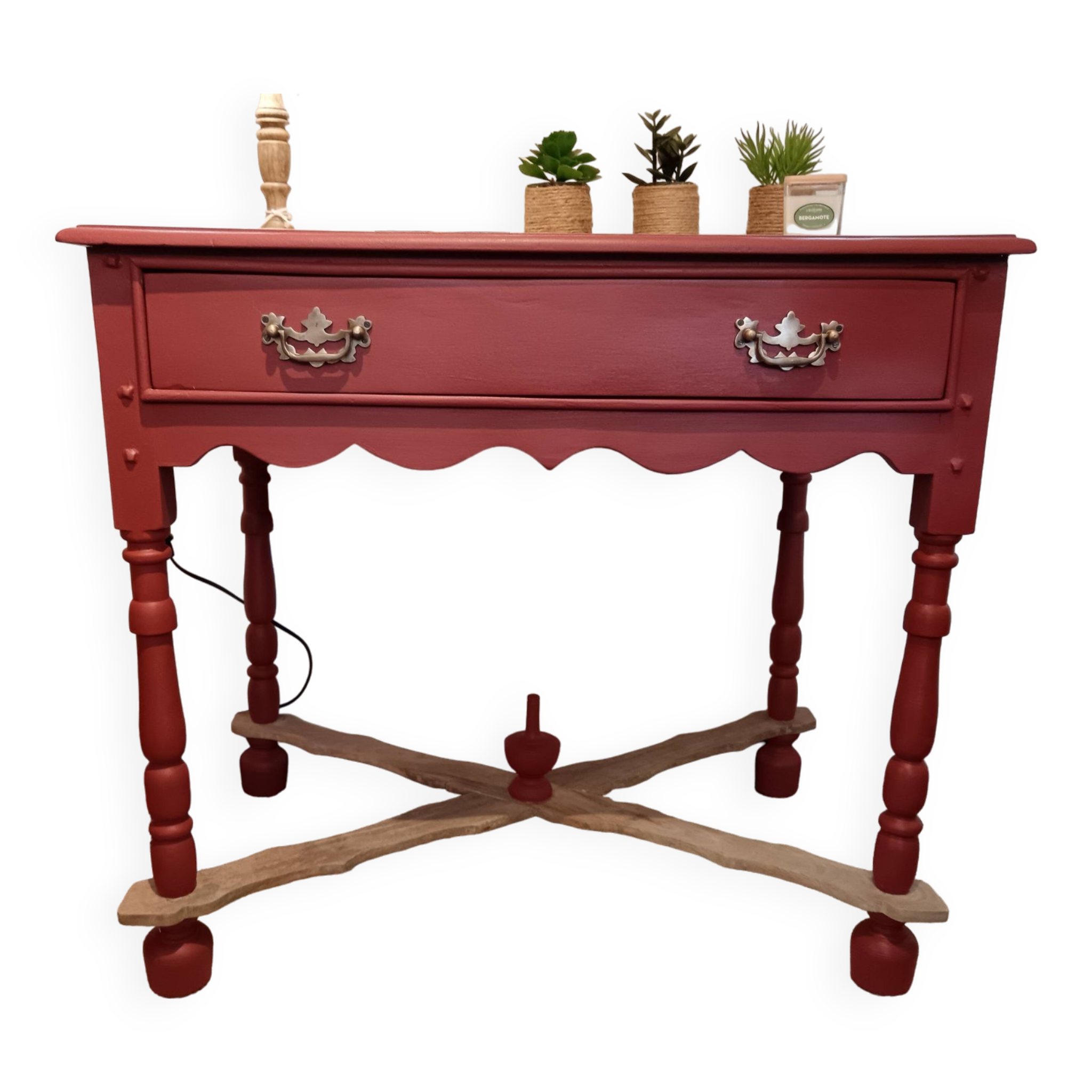 Table d'appoint ou console en bois terracotta avec tiroir