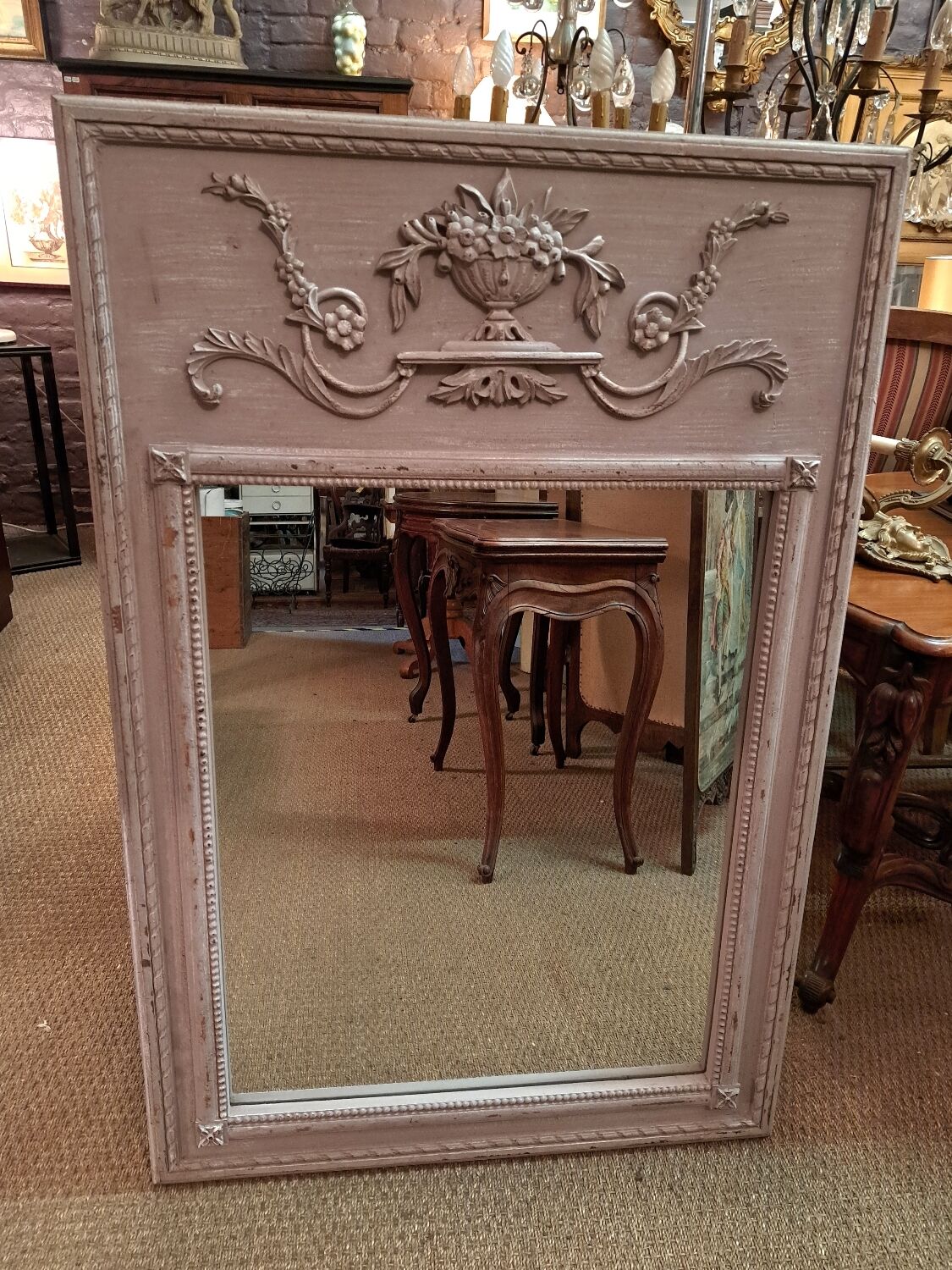 Louis XVI style trumeau mirror in patinated wood