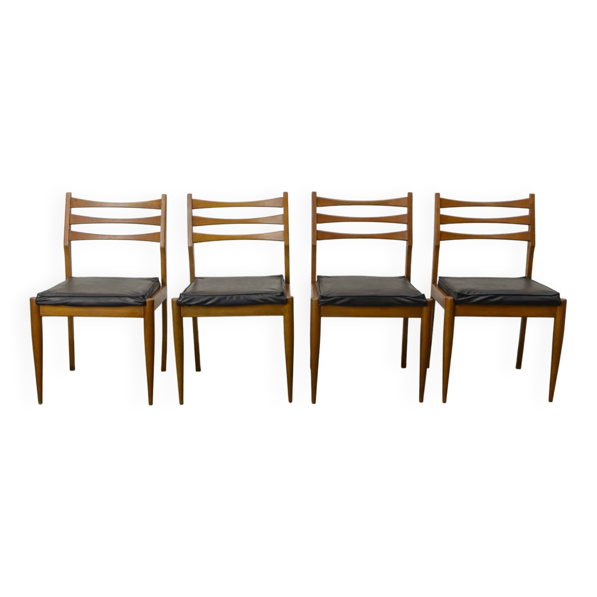 Solid Wood Ladder Dining Chairs with Square Black Leatherette Seating 1960s