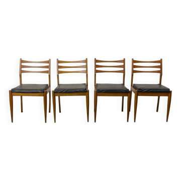 Chaises de salle à manger en bois massif avec assise carrée en similicuir noir, années 1960