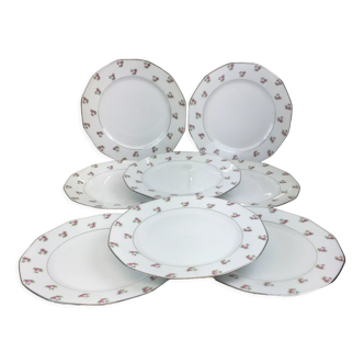 8 Flat plates old pink décor made in France Limoges