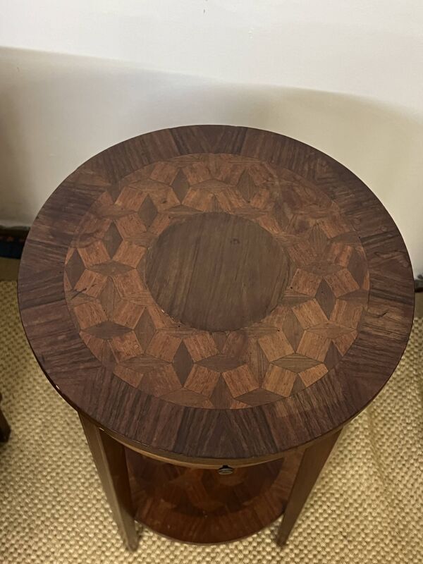 Guéridon / Selette ronde en marqueterie de bois