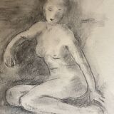 Signed female nude charcoal painting