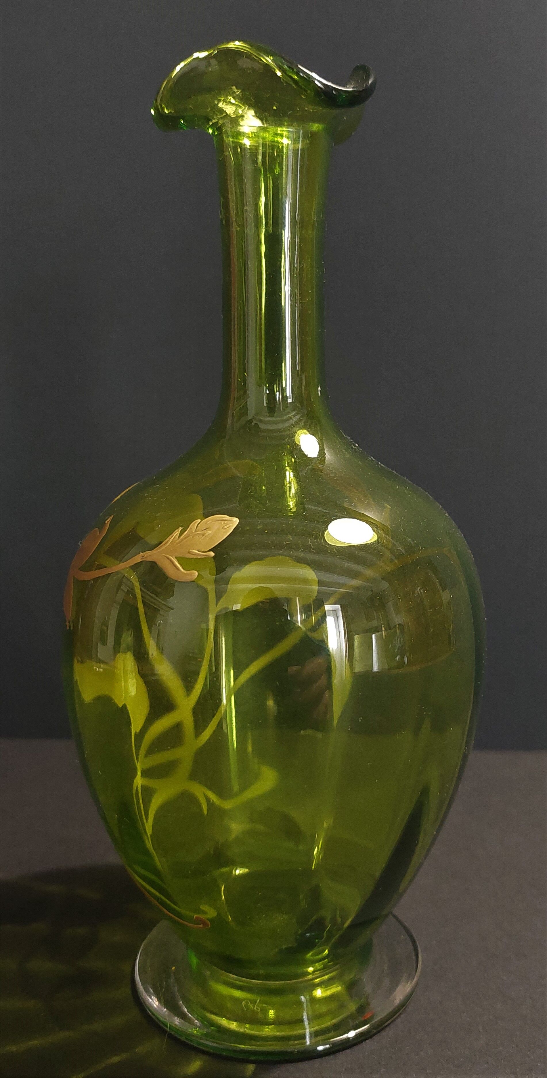 Carafe liquor bottle green and gold decoration early twentieth century