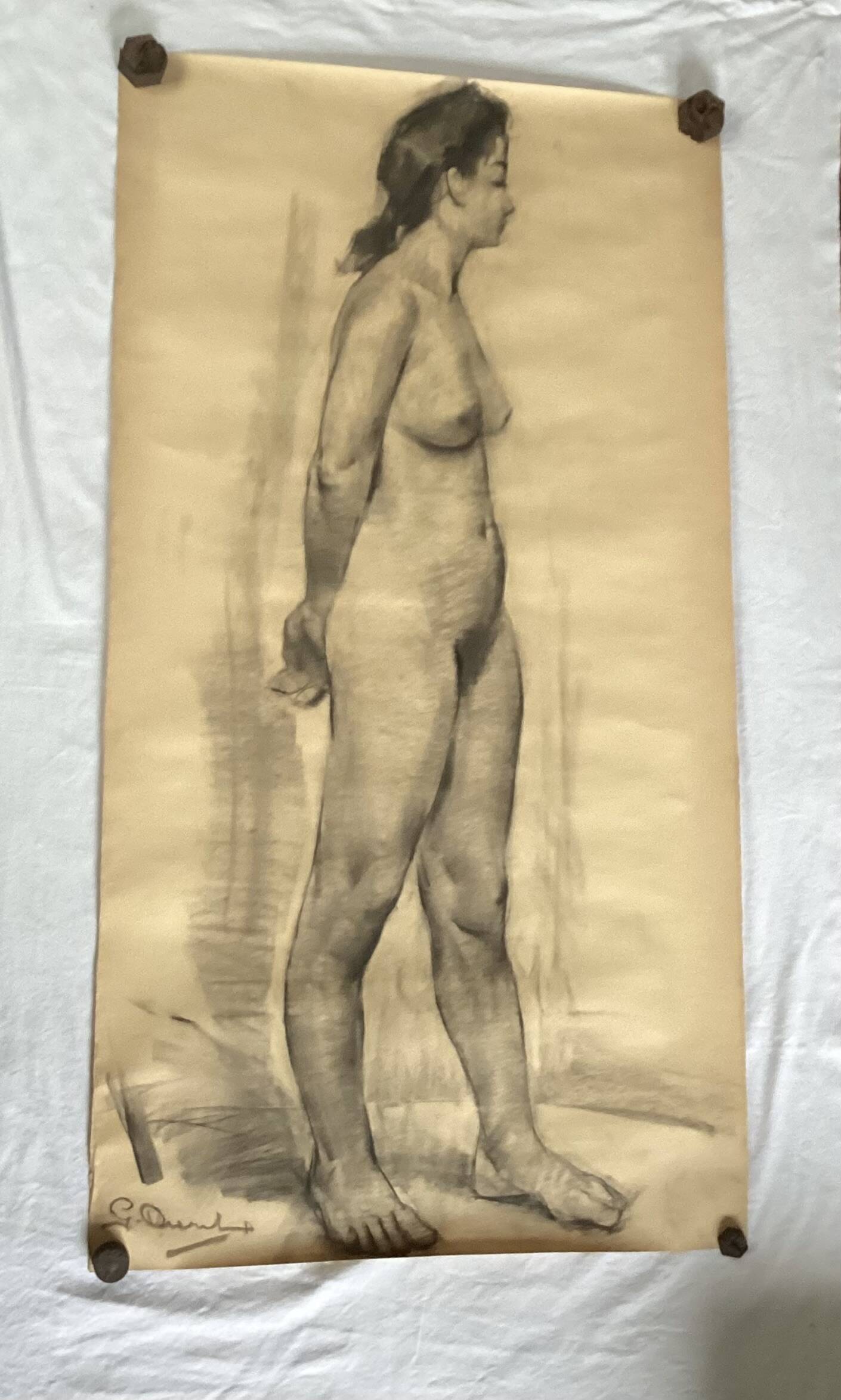 Large drawing of a nude woman signed around the 1940s dimension: height -150cm- width -80cm-