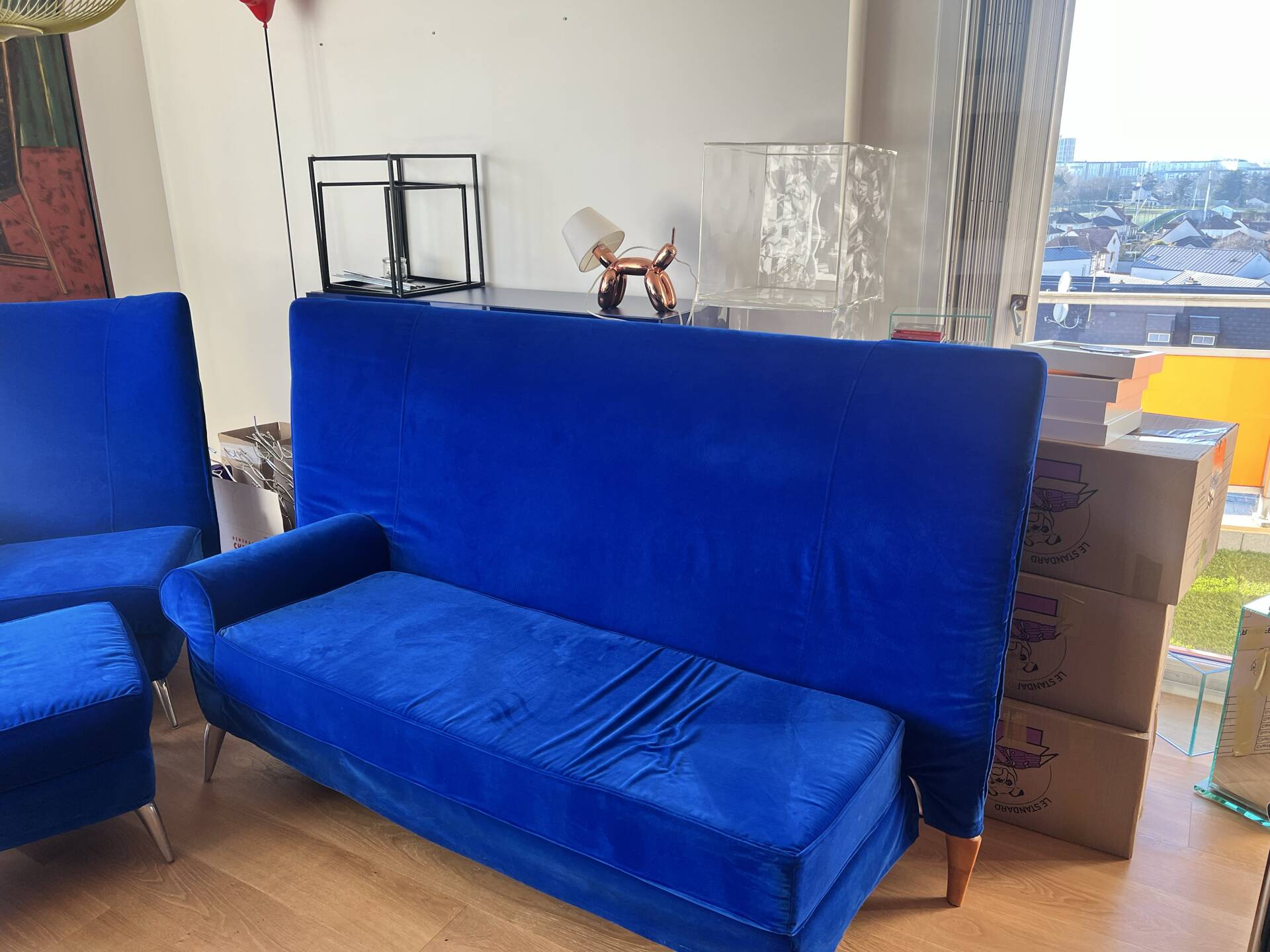 Blue velvet sofa Philippe Starck model Royalton