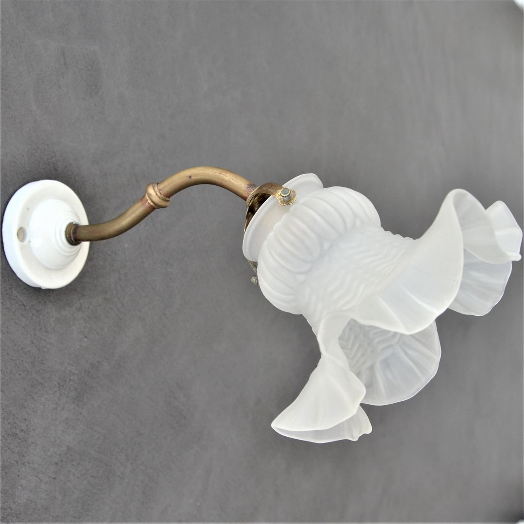 Vintage wall lamp, glass tulip lampshade, brass gooseneck support and blah porcelain