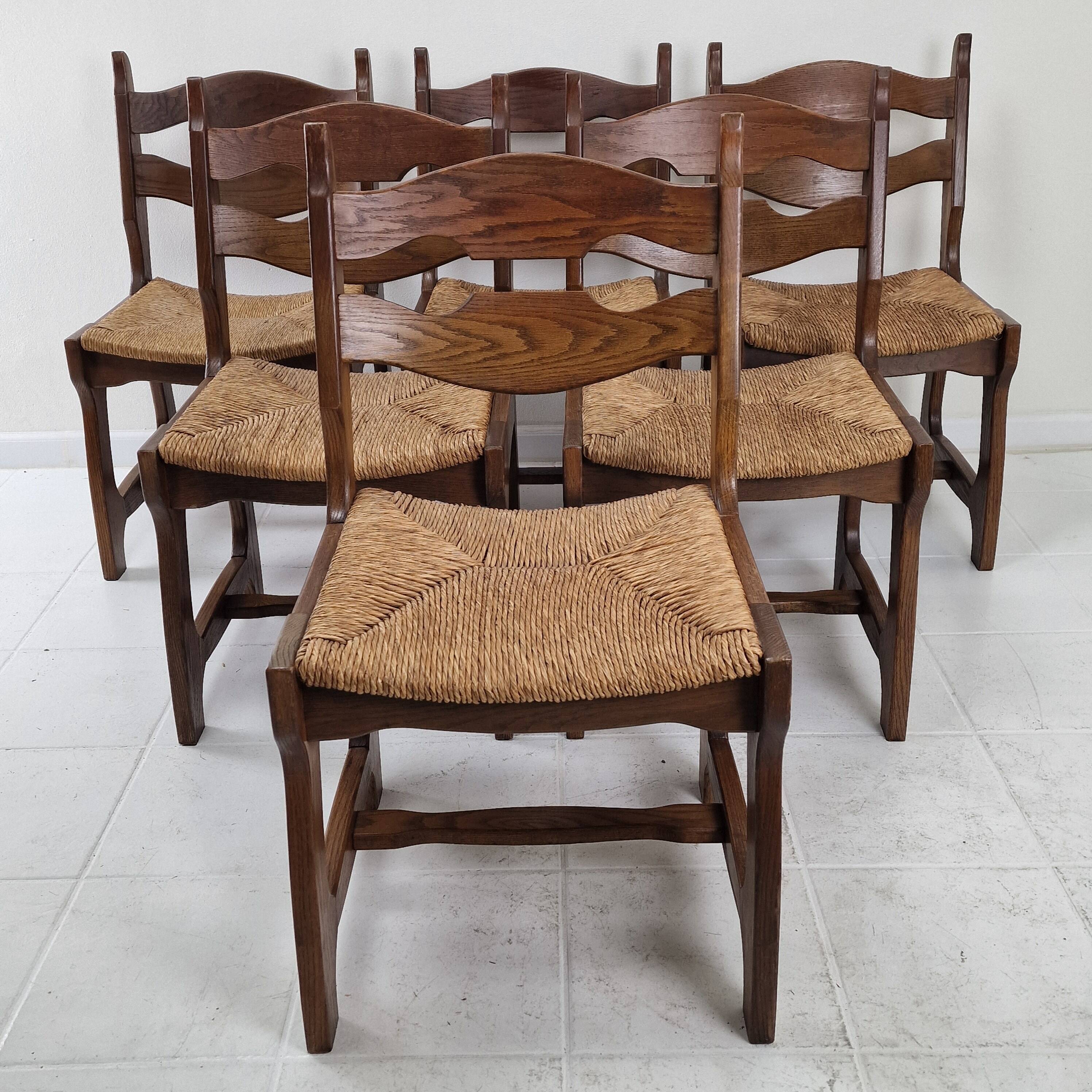 MidCentury Brutalist Oak "Razor Blade" Dining Chairs, Set of 6, France 60's