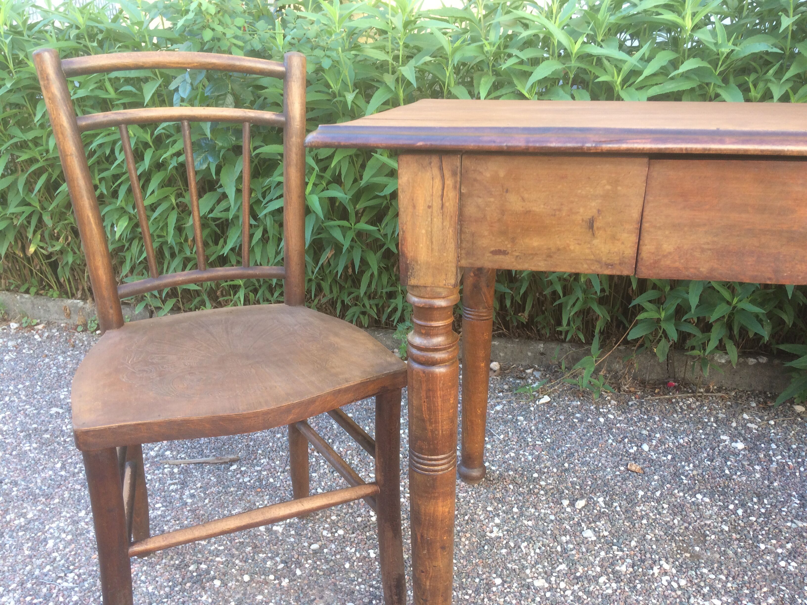 Wooden bistro table, two chairs
