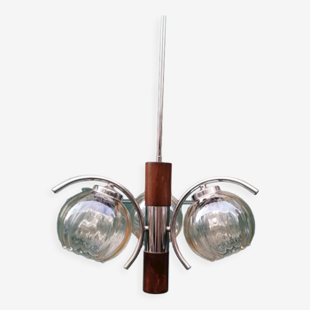 Chandelier 3 glass globes, rosewood rod, 1960